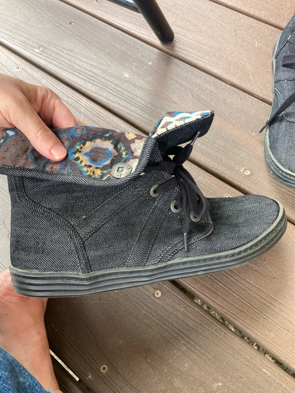 Blowfish Malibu Women’s Black Canvas Foldover Hi- Top Sneakers with Turquoise